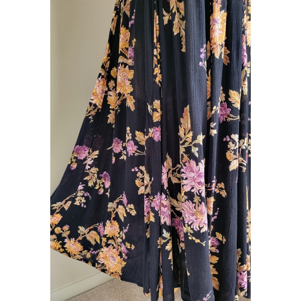 90s Black Floral Scoop Neck 1990s Vintage Flowy Feminine Rayon Gauze Maxi Dress - Picture 6 of 16